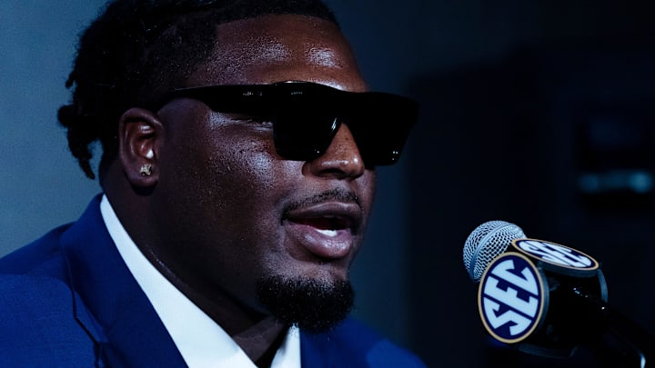 Texas A&M's McKinnley Jackson addresses the media at the 2023 SEC Football Kickoff Media Days at