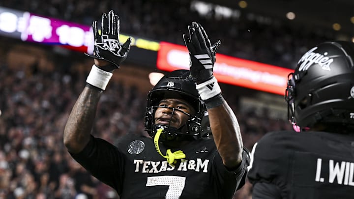 Oct 4, 2025; College Station, Texas, USA; Texas A&M Aggies wide receiver KC Concepcion (7) reacts after scoring a touchdown during the third quarter against the Mississippi State Bulldogs at Kyle Field. Mandatory Credit: Maria Lysaker-Imagn Images Oct 4, 2025; College Station, Texas, USA; Texas A&M Aggies wide receiver KC Concepcion (7) reacts after scoring a touchdown during the third quarter against the Mississippi State Bulldogs at Kyle Field. Mandatory Credit: Maria Lysaker-Imagn Images