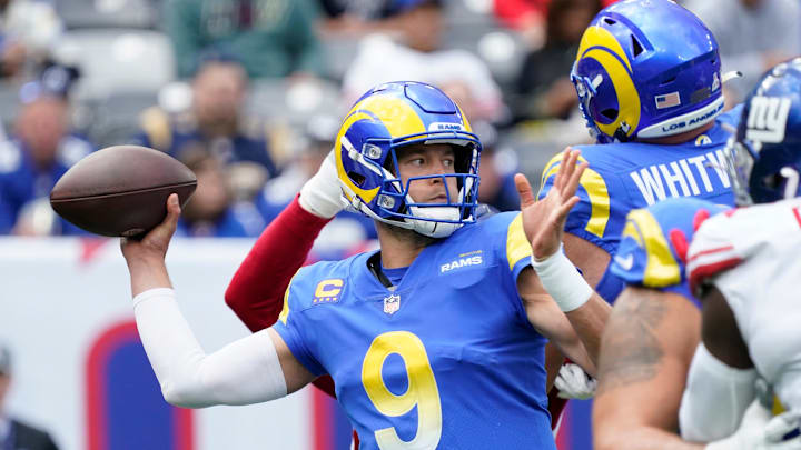 Oct 17, 2021; East Rutherford, New Jersey, USA;  
Los Angeles Rams quarterback Matthew Stafford (9) throws against the New York Giants in the 1st half at MetLife Stadium. Mandatory Credit: Robert Deutsch-Imagn Images