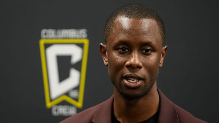Columbus Crew general manager Issa Tall introduces forward Wessam Abou Ali as the club’s new designated player during a press conference at Lower.com Field on Aug. 19, 2025.