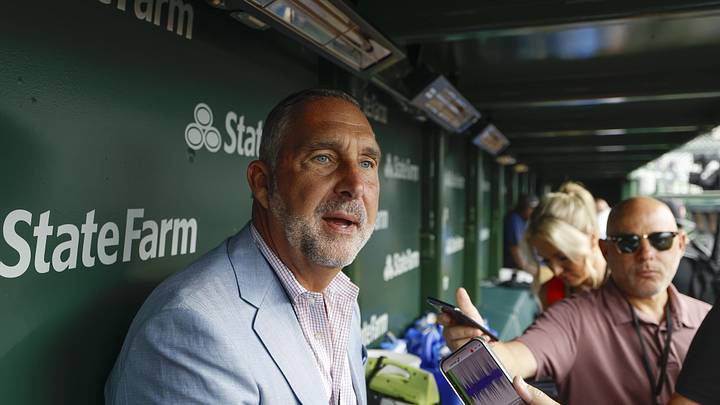 Jul 4, 2025; Chicago, Illinois, USA; St. Louis Cardinals president of baseball operations John Mozeliak speaks before a baseball game against the Chicago Cubs at Wrigley Field. Mandatory Credit: Kamil Krzaczynski-Imagn Images