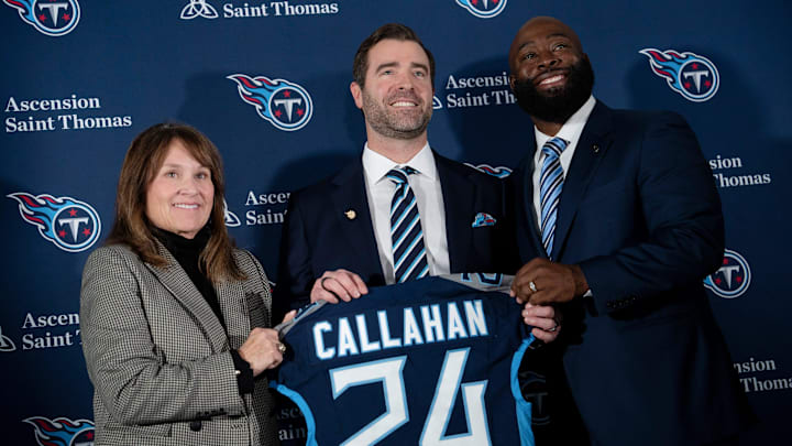 Tennessee Titans owner Amy Adams Strunk, left, Head Coach Brian Callahan, center, and Ran Carthon, general manager, stand for portraits at Ascension Saint Thomas Sports Park in Nashville, Tenn., Thursday, Jan. 25, 2024.