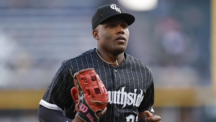 Aug 25, 2023; Chicago, Illinois, USA; Chicago White Sox right fielder Oscar Colas (22) looks on as he returns to dugout during the first inning of a baseball game against the Oakland Athletics at Guaranteed Rate Field. Mandatory Credit: Kamil Krzaczynski-Imagn Images Aug 25, 2023; Chicago, Illinois, USA; Chicago White Sox right fielder Oscar Colas (22) looks on as he returns to dugout during the first inning of a baseball game against the Oakland Athletics at Guaranteed Rate Field. Mandatory Credit: Kamil Krzaczynski-Imagn Images