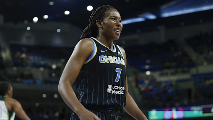 Aug 19, 2025; Chicago, Illinois, USA; Chicago Sky guard Ariel Atkins (7) reacts during the second half at Wintrust Arena. Mandatory Credit: Kamil Krzaczynski-Imagn Images