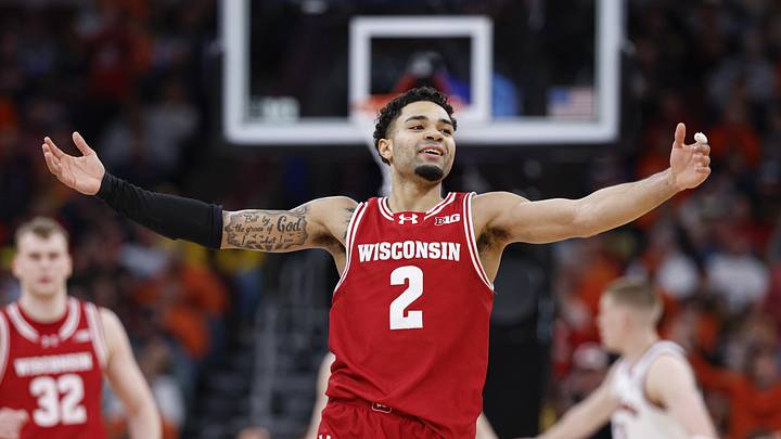 Mar 13, 2026; Chicago, IL, USA; Wisconsin Badgers guard Nick Boyd (2) reacts during the second half at United Center. Mandatory Credit: Kamil Krzaczynski-Imagn Images