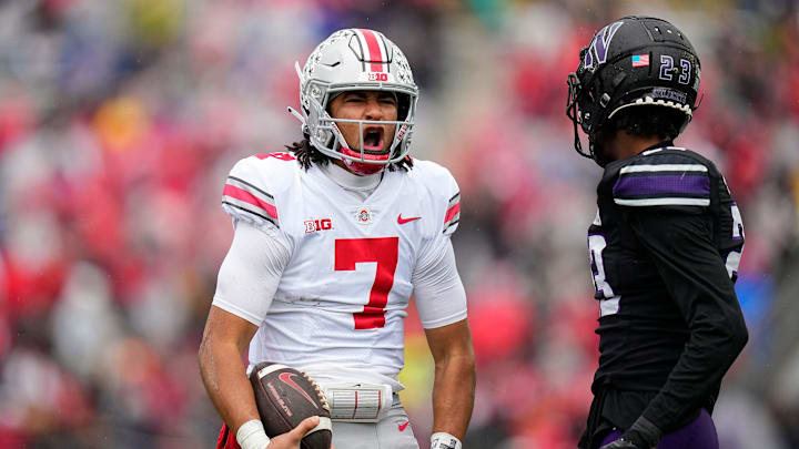 Nov 5, 2022; Evanston, Illinois, USA; Ohio State Buckeyes quarterback C.J. Stroud (7) celebrates a