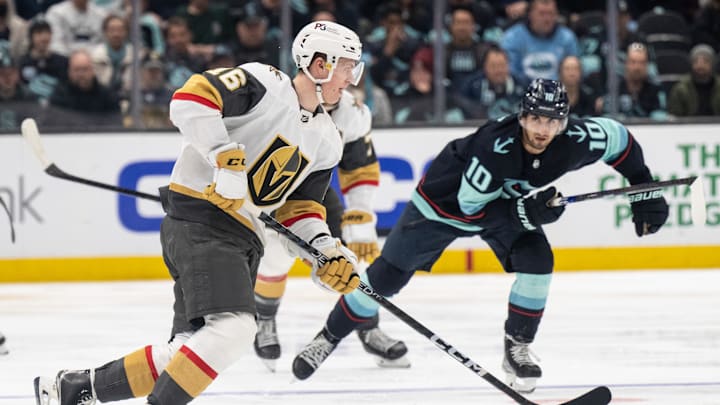 Apr 13, 2023; Seattle, Washington, USA; Las Vegas Knights forward Pavel Dorofeyev (16) skates with