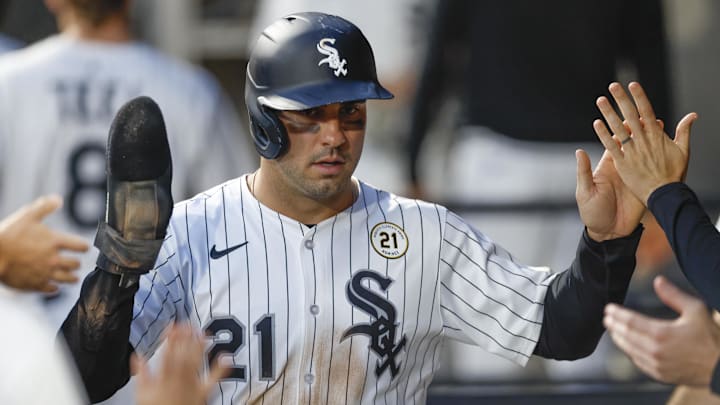 Sep 15, 2025; Chicago, Illinois, USA; Chicago White Sox right fielder Mike Tauchman celebrates with teammates in the dugout after scoring against the Baltimore Orioles during the first inning at Rate Field. Mandatory Credit: Kamil Krzaczynski-Imagn Images