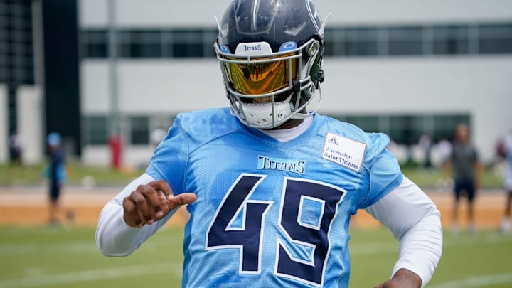 Tennessee Titans linebacker Arden Key (49) runs drills during an OTA practice at Ascension Saint Thomas Sports Park in Nashville, Tenn., Tuesday, May 23, 2023.
