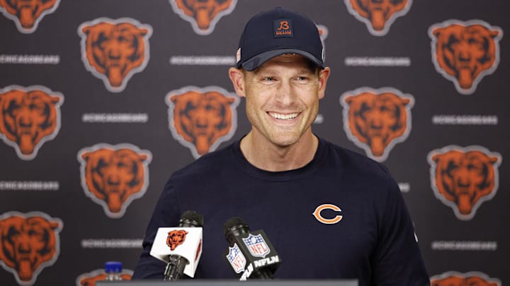 Jun 3, 2025; Lake Forest, IL, USA; Chicago Bears head coach Ben Johnson speaks during minicamp at Halas Hall. Mandatory Credit: Kamil Krzaczynski-Imagn Images