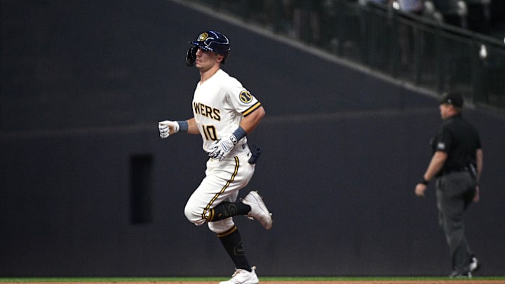 Aug 7, 2023; Milwaukee, Wisconsin, USA; Milwaukee Brewers outfielder Sal Frelick (10) rounds the