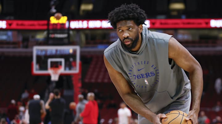 Dec 8, 2024; Chicago, Illinois, USA; Philadelphia 76ers center Joel Embiid (21) warms up before a basketball game against the Chicago Bulls at United Center. Mandatory Credit: Kamil Krzaczynski-Imagn Images