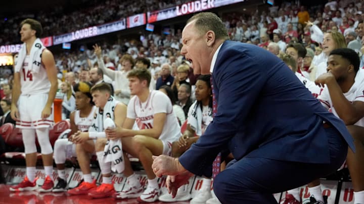 Dec 2, 2023; Madison, Wisconsin, USA; Wisconsin Badgers head coach Greg Gard reacts during the first half against the Marquette Golden Eagles at the Kohl Center. Wisconsin won 75-64.