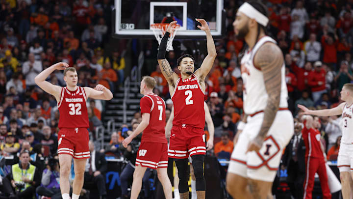 Mar 13, 2026; Chicago, IL, USA; Wisconsin Badgers guard Nick Boyd (2) reacts during the second half at United Center. Mandatory Credit: Kamil Krzaczynski-Imagn Images