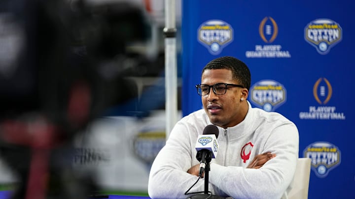 Ohio State Buckeyes linebacker Sonny Styles speaks during the Cotton Bowl Media Day at AT&T Stadium in Dallas prior to the College Football Playoff matchup against the Miami Hurricanes on Dec. 29, 2025.