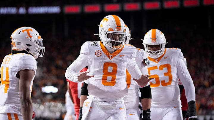 Tennessee Volunteers quarterback Nico Iamaleava (8) celebrates a touchdown during the first half of the College Football Playoff first round game against the Ohio State Buckeyes at Ohio Stadium in Columbus on Dec. 21, 2024.