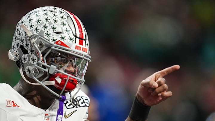 Ohio State Buckeyes safety Caleb Downs (2) warms up prior to the College Football Playoff National Championship against the Notre Dame Fighting Irish at Mercedes-Benz Stadium in Atlanta on Jan. 22, 2025. Ohio State Buckeyes safety Caleb Downs (2) warms up prior to the College Football Playoff National Championship against the Notre Dame Fighting Irish at Mercedes-Benz Stadium in Atlanta on Jan. 22, 2025.