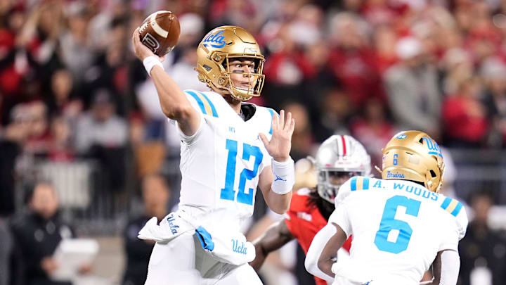 UCLA Bruins quarterback Luke Duncan (12) throws during the NCAA football game against the Ohio State Buckeyes at Ohio Stadium in Columbus on Nov. 15, 2025.