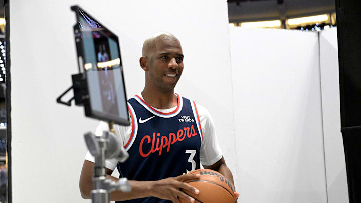 Sep 29, 2025; Inglewood, CA, USA;  Los Angeles Clippers guard Chris Paul (3) poses during media day at Intuit Dome. Mandatory Credit: Jayne Kamin-Oncea-Imagn Images