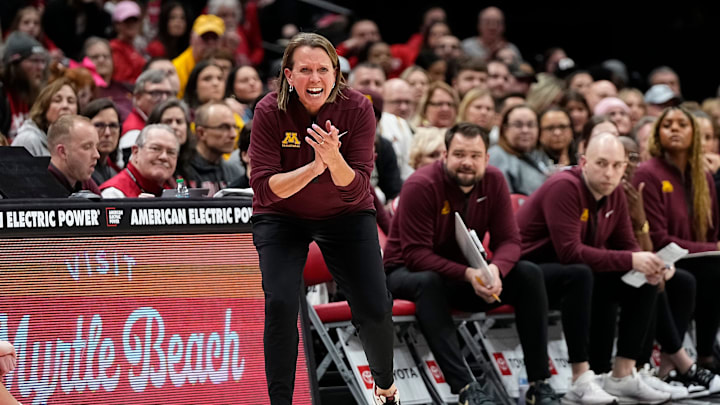 Minnesota Golden Gophers head coach Dawn Plitzuweit cheers on her team during the second half of the NCAA women's basketball game against the Ohio State Buckeyes at Value City Arena in Columbus on Feb. 13, 2025. Ohio State won 87-84 in overtime. Minnesota Golden Gophers head coach Dawn Plitzuweit cheers on her team during the second half of the NCAA women's basketball game against the Ohio State Buckeyes at Value City Arena in Columbus on Feb. 13, 2025. Ohio State won 87-84 in overtime.