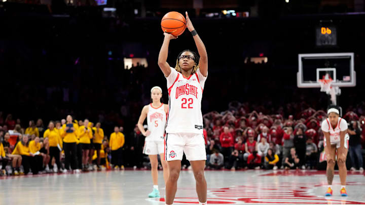 Ohio State Buckeyes guard Jaloni Cambridge (22) hits all three free throws to send the game to overtime after getting fouled by Michigan Wolverines guard Brooke Q. Daniels (5) in the final second of the NCAA women's basketball game at the Jerome Schottenstein Center on Feb. 25, 2026. Ohio State lost 88-86.