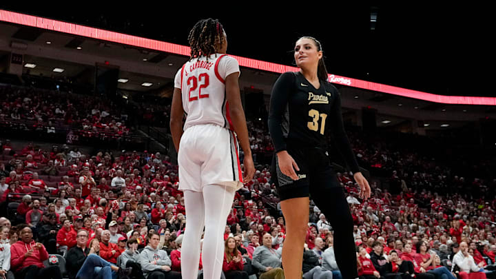 Purdue Boilermakers guard Sophie Swanson (31) looks at Ohio State Buckeyes guard Jaloni Cambridge (22) after Swanson fouled Cambridge on a layup in the second quarter at Value City Arena on Sunday, Feb. 23, 2025 in Columbus, Ohio. Purdue Boilermakers guard Sophie Swanson (31) looks at Ohio State Buckeyes guard Jaloni Cambridge (22) after Swanson fouled Cambridge on a layup in the second quarter at Value City Arena on Sunday, Feb. 23, 2025 in Columbus, Ohio.