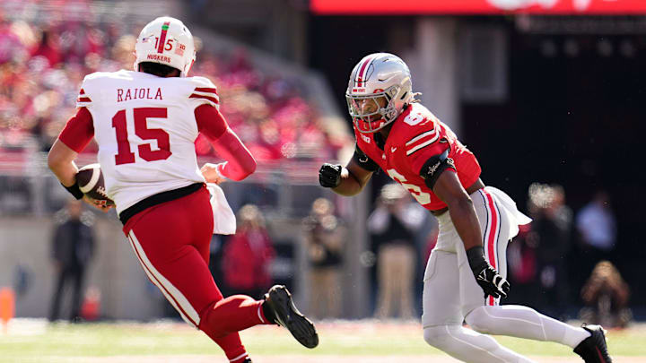 Ohio State Buckeyes safety Sonny Styles (6) chases down Nebraska Cornhuskers quarterback Dylan Raiola (15) during the first half of the NCAA football game at Ohio Stadium in Columbus on Saturday, Oct. 26, 2024.