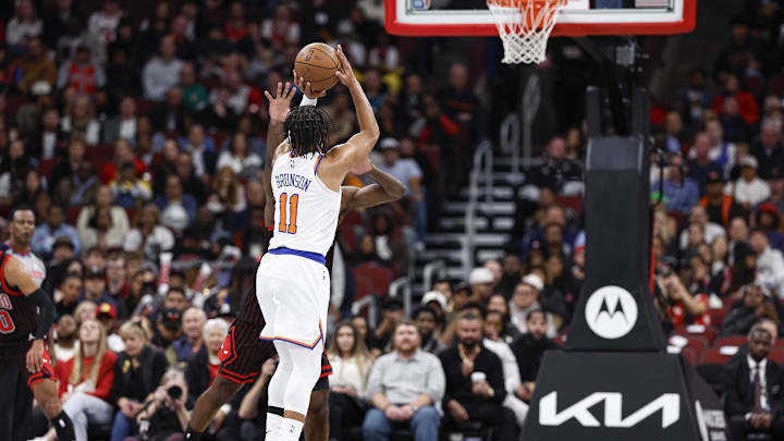 Oct 31, 2025; Chicago, Illinois, USA; New York Knicks guard Jalen Brunson (11) shoots against the Chicago Bulls during the first half at United Center. Mandatory Credit: Kamil Krzaczynski-Imagn Images Oct 31, 2025; Chicago, Illinois, USA; New York Knicks guard Jalen Brunson (11) shoots against the Chicago Bulls during the first half at United Center. Mandatory Credit: Kamil Krzaczynski-Imagn Images