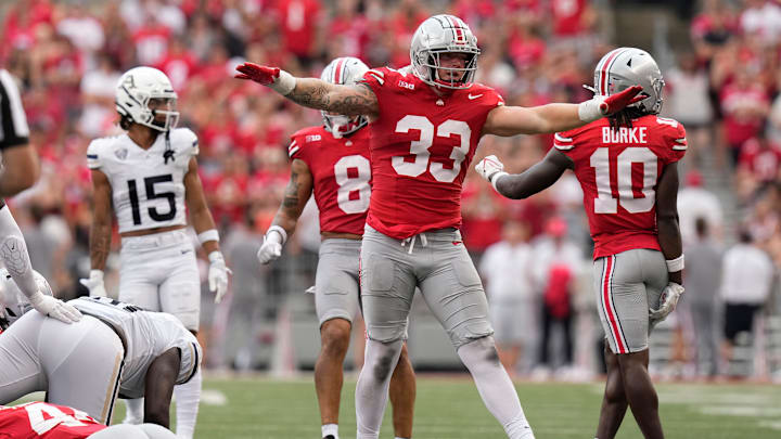 Aug 31, 2024; Columbus, OH, USA; Ohio State Buckeyes defensive end Jack Sawyer (33) reacts to a hit during the second half of the NCAA football game against the Akron Zips at Ohio Stadium. Ohio State won 52-6. Aug 31, 2024; Columbus, OH, USA; Ohio State Buckeyes defensive end Jack Sawyer (33) reacts to a hit during the second half of the NCAA football game against the Akron Zips at Ohio Stadium. Ohio State won 52-6.