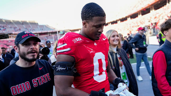 Ohio State Buckeyes linebacker Sonny Styles (0) leaves the field following the NCAA football game against the Rutgers Scarlet Knights at Ohio Stadium in Columbus on Nov. 22, 2025. Ohio State won 42-9.