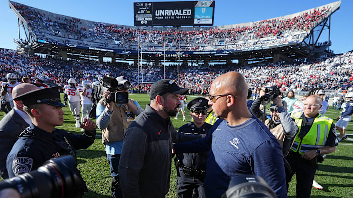 Penn State coach James Franklin shakes hands with Ohio State coach Ryan Day after their 2022 game at Beaver Stadium. The Buckeyes won 41-33. Penn State coach James Franklin shakes hands with Ohio State coach Ryan Day after their 2022 game at Beaver Stadium. The Buckeyes won 41-33.