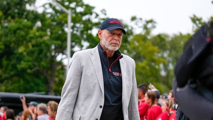 Sep 28, 2024; East Lansing, Michigan, USA; Ohio State Buckeyes defensive coordinator Jim Knowles arrives to Spartan Stadium before the game against the Michigan State Spartans on Saturday.