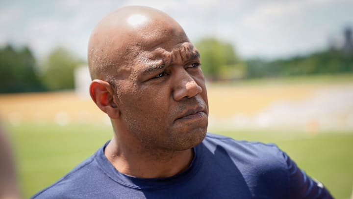 Tennessee Titans pass game coordinator/quarterbacks Charles London speaks before an OTA practice at Ascension Saint Thomas Sports Park in Nashville, Tenn., Wednesday, May 31, 2023.