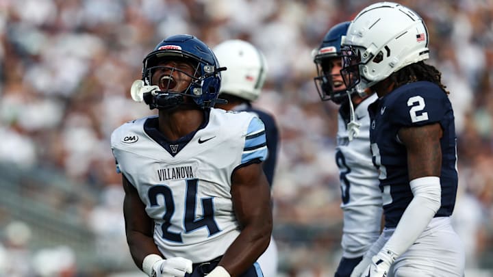 Sep 13, 2025; University Park, Pennsylvania, USA; Villanova Wildcats running back David Avit (24) reacts following a long run during the second quarter against the Penn State Nittany Lions at Beaver Stadium. Mandatory Credit: Matthew O'Haren-Imagn Images