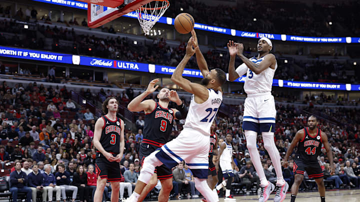 Minnesota Timberwolves center Rudy Gobert (27) drives to the basket against the Chicago Bulls during the first half at United Center in Chicago on Nov. 7, 2024. Minnesota Timberwolves center Rudy Gobert (27) drives to the basket against the Chicago Bulls during the first half at United Center in Chicago on Nov. 7, 2024.