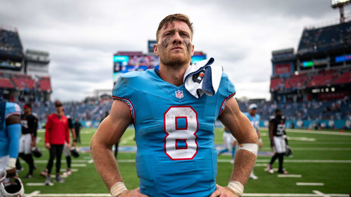 Tennessee Titans quarterback Will Levis (8) celebrates on the field after defeating the Atlanta Falcons at Nissan Stadium in Nashville, Tenn., Sunday, Oct. 29, 2023.