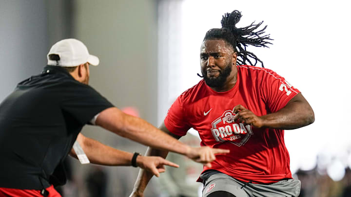 Ohio State Buckeyes offensive lineman Donovan Jackson (74) works out with current Ohio State offensive line coach yler Bowen during the pro day for NFL scouts at the Woody Hayes Athletic Cente on March 26, 2025. Ohio State Buckeyes offensive lineman Donovan Jackson (74) works out with current Ohio State offensive line coach yler Bowen during the pro day for NFL scouts at the Woody Hayes Athletic Cente on March 26, 2025.