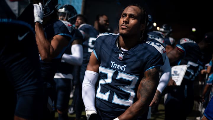 Tennessee Titans cornerback Tre Avery (23) prepares to head to the field before a game against the Cincinnati Bengals at Nissan Stadium in Nashville, Tenn., Sunday, Oct. 1, 2023.