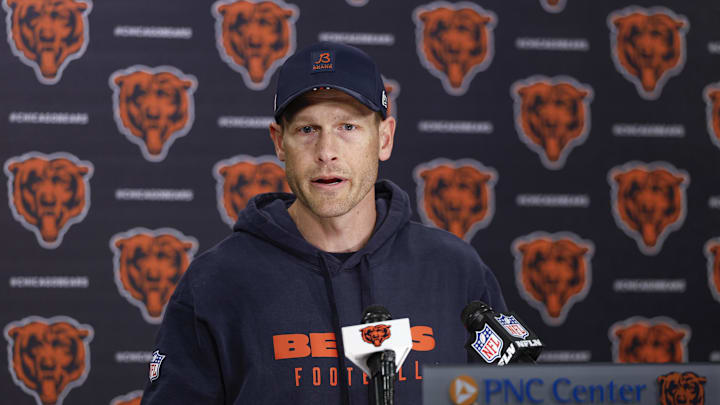 May 9, 2025; Lake Forest, IL, USA; Chicago Bears head coach Ben Johnson (R) speaks during the Rookie Minicamp at Halas Hall. Mandatory Credit: Kamil Krzaczynski-Imagn Images