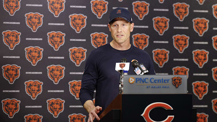 Jun 3, 2025; Lake Forest, IL, USA; Chicago Bears head coach Ben Johnson speaks during minicamp at Halas Hall. Mandatory Credit: Kamil Krzaczynski-Imagn Images