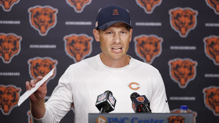 Aug 15, 2025; Lake Forest, IL, USA; Chicago Bears head coach Ben Johnson addresses the media at Halas Hall before joint training camp practice with the Buffalo Bills ahead of Sunday's preseason game. Mandatory Credit: Kamil Krzaczynski-Imagn Images
