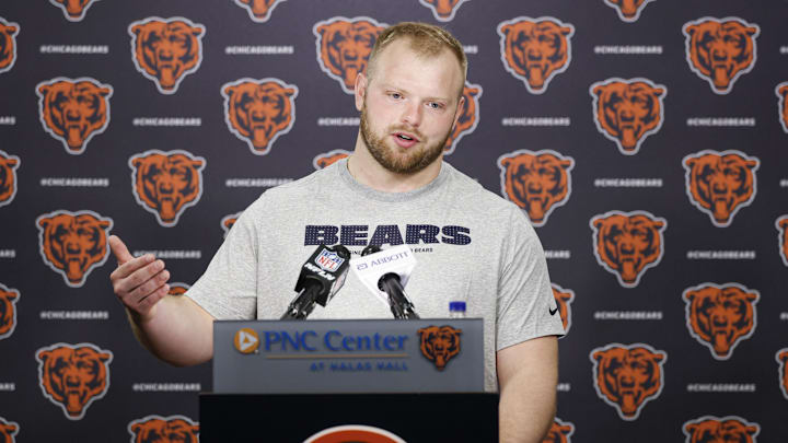 May 8, 2026; Lake Forest, IL, USA; Chicago Bears offensive lineman Logan Jones (54) speaks during Rookie Minicamp at Halas Hall. Mandatory Credit: Kamil Krzaczynski-Imagn Images