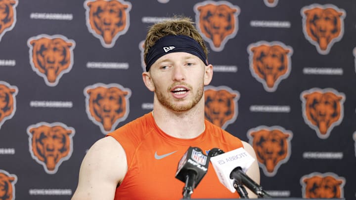 Chicago Bears rookie safety Dillon Thieneman speaks at Halas Hall. Mandatory Credit: Kamil Krzaczynski-Imagn Images