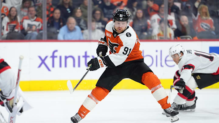Nov 8, 2025; Philadelphia, Pennsylvania, USA; Philadelphia Flyers right wing Carl Grundstrom (91) chases the puck against the Ottawa Senators in the second period at Xfinity Mobile Arena. Mandatory Credit: Kyle Ross-Imagn Images Nov 8, 2025; Philadelphia, Pennsylvania, USA; Philadelphia Flyers right wing Carl Grundstrom (91) chases the puck against the Ottawa Senators in the second period at Xfinity Mobile Arena. Mandatory Credit: Kyle Ross-Imagn Images