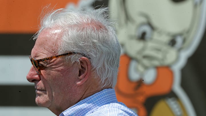 Cleveland Browns owner Jimmy Haslam watches his team during practice at NFL minicamp, Wednesday, June 11, 2025, in Berea, Ohio.