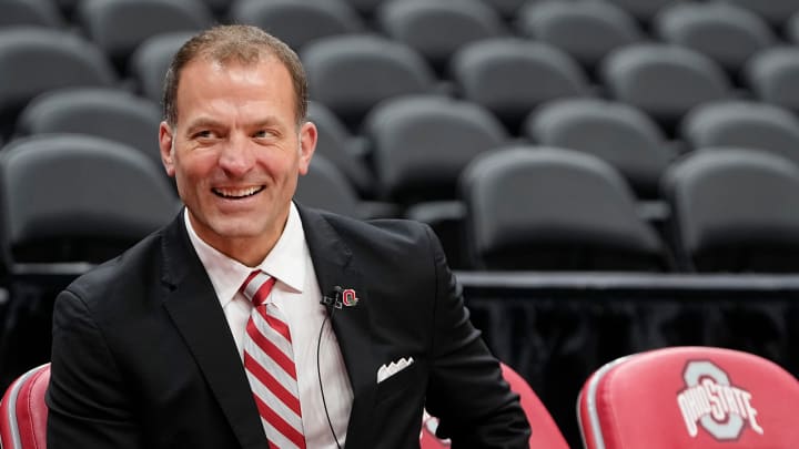 Mar 18, 2024; Columbus, OH, USA; Ohio State s incoming athletic director Ross Bjork speaks during the introductory press conference for basketball head coach Jake Diebler at Value City Arena. Mar 18, 2024; Columbus, OH, USA; Ohio State s incoming athletic director Ross Bjork speaks during the introductory press conference for basketball head coach Jake Diebler at Value City Arena.