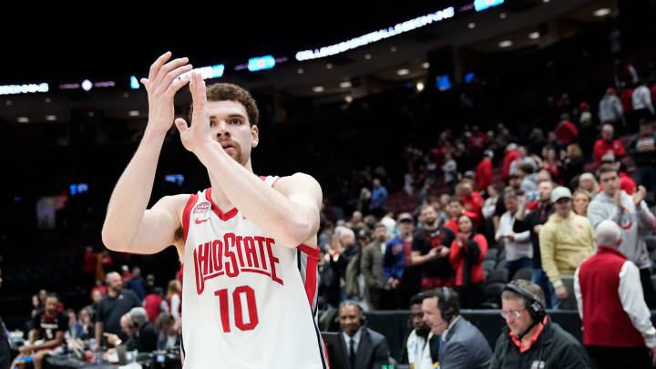 Mar 26, 2024; Columbus, OH, USA; Ohio State Buckeyes forward Jamison Battle (10) applauds the crowd following the NIT quarterfinals loss to the Georgia Bulldogs at Value City Arena. Ohio State lost 79-77. Mar 26, 2024; Columbus, OH, USA; Ohio State Buckeyes forward Jamison Battle (10) applauds the crowd following the NIT quarterfinals loss to the Georgia Bulldogs at Value City Arena. Ohio State lost 79-77.