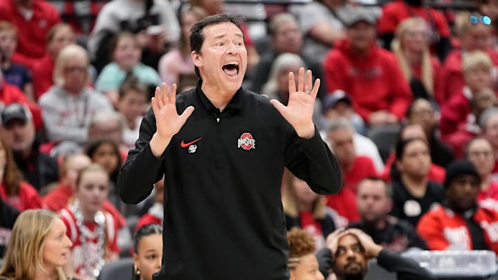 Mar 24, 2024; Columbus, OH, USA; Ohio State Buckeyes head coach Kevin McGuff motions during the second half of the women’s NCAA Tournament second round against the Duke Blue Devils at Value City Arena. Ohio State lost 75-63.