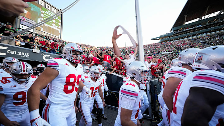 Oct 12, 2024; Eugene, Oregon, USA; The Ohio State Buckeyes take the field prior to the NCAA football game against the Oregon Ducks at Autzen Stadium