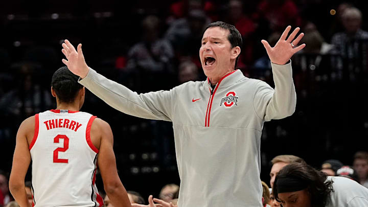 Ohio State Buckeyes head coach Kevin McGuff motions during the first half of the NCAA women's basketball game against the Charlotte 49ers at Value City Arena on Tuesday, Nov. 12, 2024.